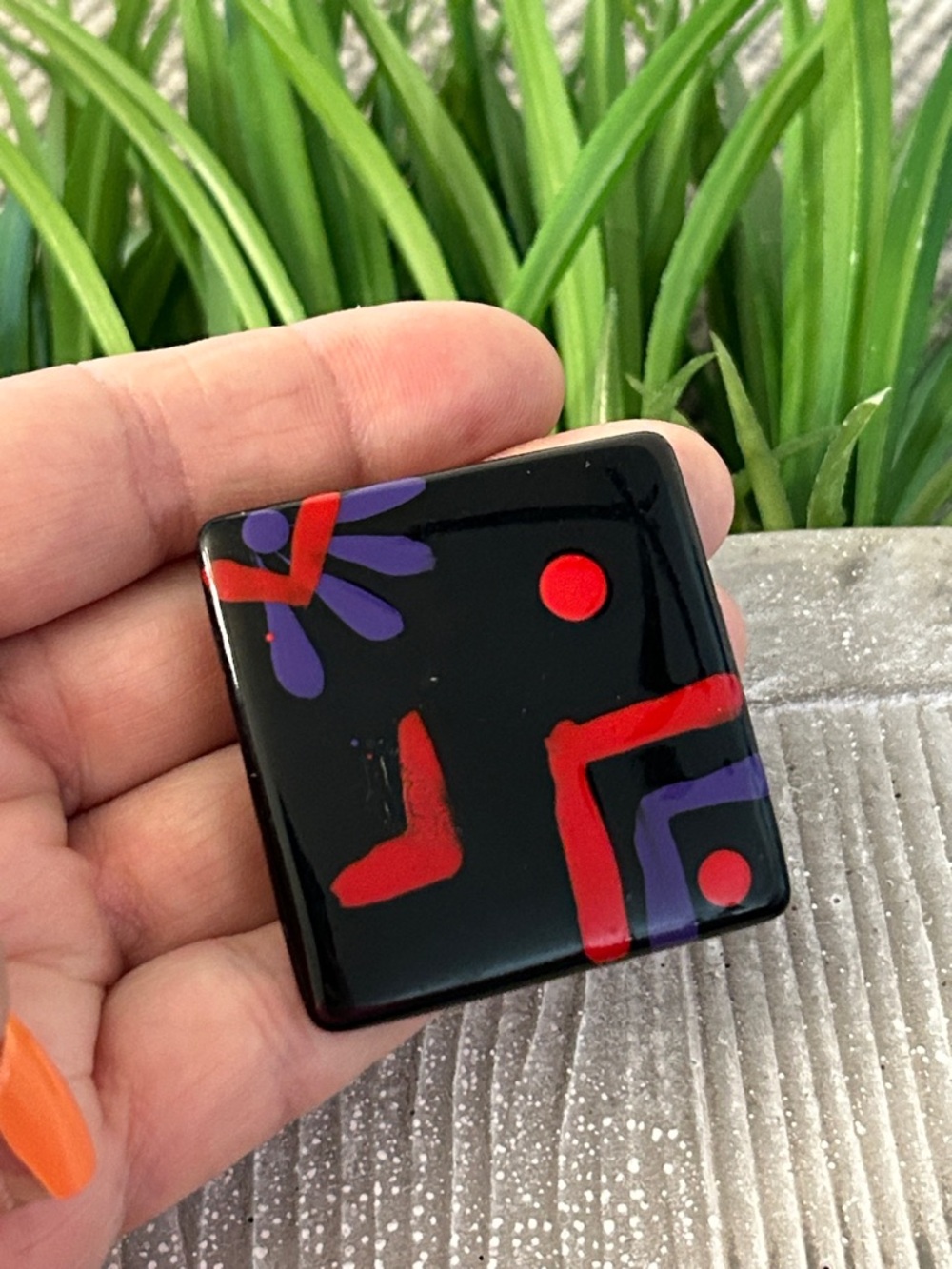 Black acrylic Square Pin with Red Purple Accents abstract brooch 80s vibes